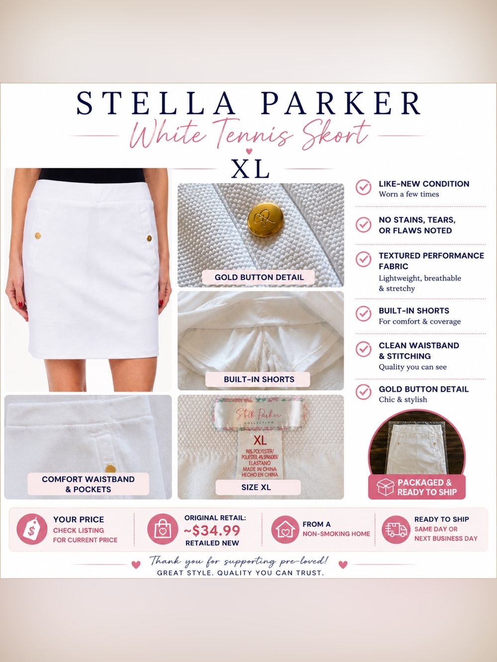 Stella Parker White Tennis Skort XL | Like New | Built-In Shorts Golf Athletic